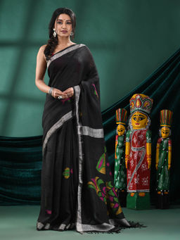 Angoshobha - Women Black Linen Woven Saree with Unstitched Blouse
