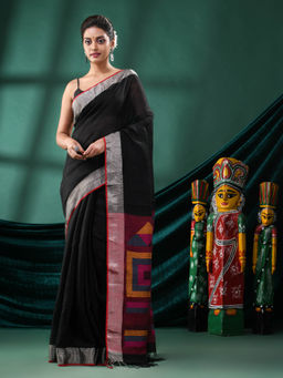 Angoshobha - Women Black Linen Geometric Woven Saree with Unstitched Blouse