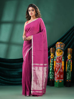 Angoshobha - Women Magenta Linen Woven Saree with Unstitched Blouse