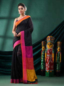 Angoshobha - Women Black Linen Colorblock Woven Saree with Unstitched Blouse