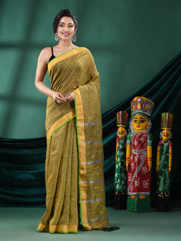 Angoshobha - Women Green Linen Woven Saree with Unstitched Blouse