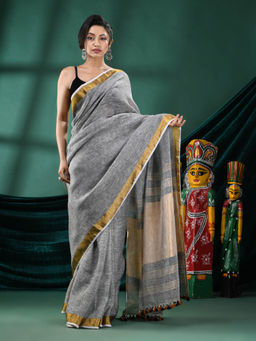 Angoshobha - Women Grey Linen Woven Saree with Unstitched Blouse