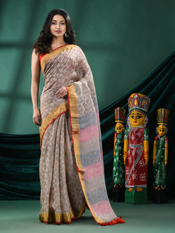 Angoshobha - Women Brown Linen Geometric Woven Saree with Unstitched Blouse