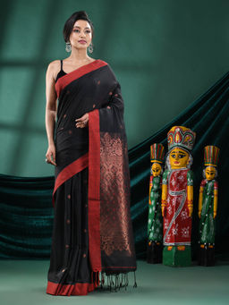 Angoshobha - Women Black Cotton Woven Saree with Unstitched Blouse