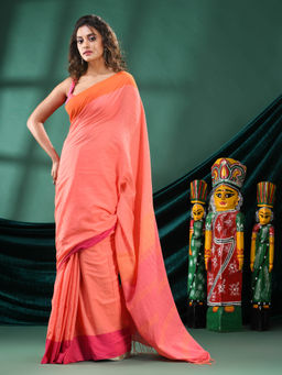 Angoshobha - Women Peach Cotton Woven Saree with Unstitched Blouse