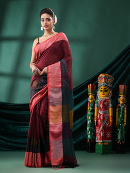 Angoshobha - Women Maroon Linen Colorblock Woven Saree with Unstitched Blouse