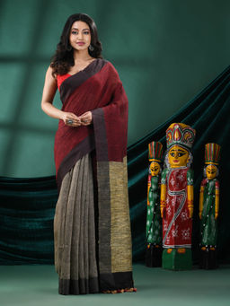 Angoshobha - Women Maroon Linen Colorblock Woven Saree with Unstitched Blouse