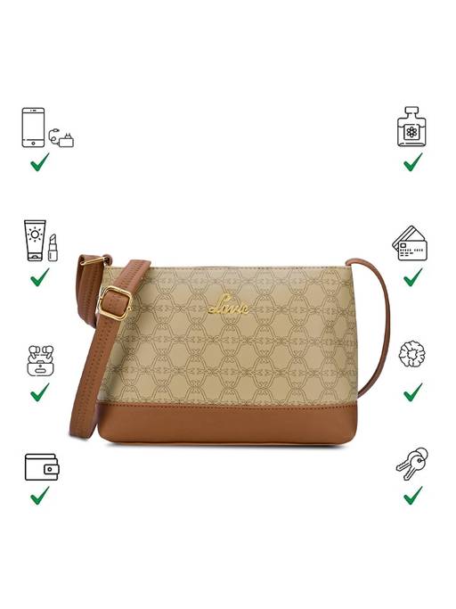 Lavie Emberlyn beige monogram crossbody sling bag for women