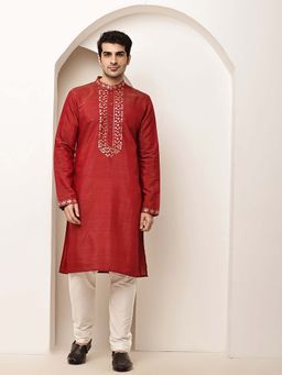 MULTI SHADES - Men's Straight Red Zari Work Kurta and Pyjama