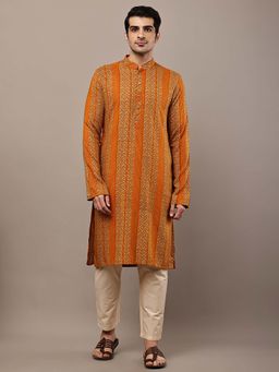 MULTI SHADES - Men's Mustard Floral Printed Kurta and Pyjama