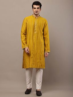 MULTI SHADES - Men's Mustard Embroidered Kurta and Pyjama