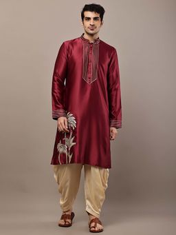 MULTI SHADES - Men's Maroon Embroidered Kurta and Dhoti