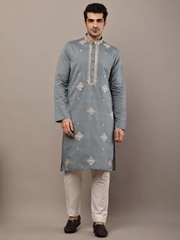 MULTI SHADES - Men's Grey Embroidered Kurta and Pyjama