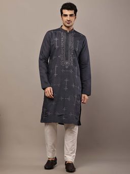 MULTI SHADES - Men's Dark Grey Embroidered Kurta and Pyjama