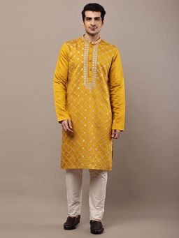 MULTI SHADES - Men's Mustard Embroidered Kurta and Pyjama