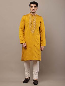 MULTI SHADES - Men's Mustard Embroidered Kurta and Pyjama