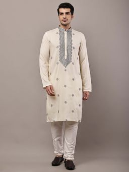 MULTI SHADES - Men's Off White Embroidered Kurta and Pyjama