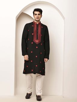 MULTI SHADES - Men's Black Embroidered Kurta and Pyjama