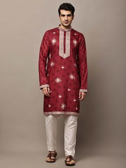 MULTI SHADES - Men's Maroon Floral Printed Kurta and Pyjama