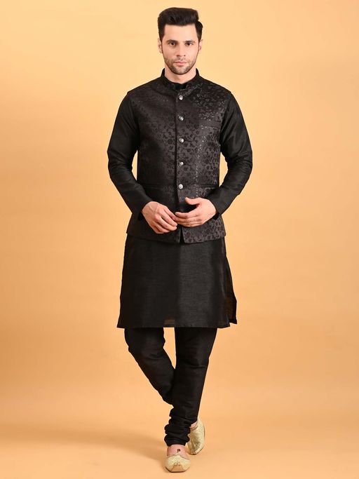 Uri and MacKenzie Men Black Kurta Pyjama with Nehru Jacket