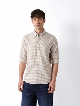 The Bear House - Men Checked Beige Causal Shirt