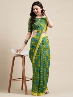 Odette - Green Festive Cotton Printed Saree with Unstitched Blouse
