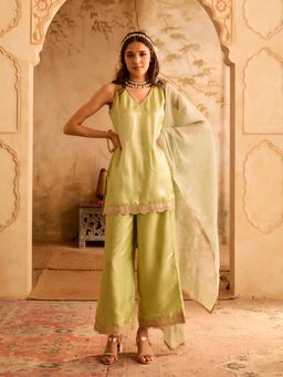 Bani Women - Green V Neck Sleeveless Short Kurta with Palazzo (Set of 3)