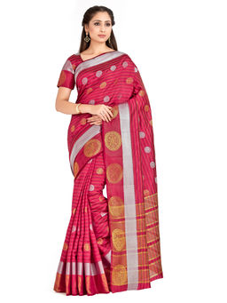 Mimosa - Red Kanjivaram Style Art Silk Saree With Unstitched Blouse