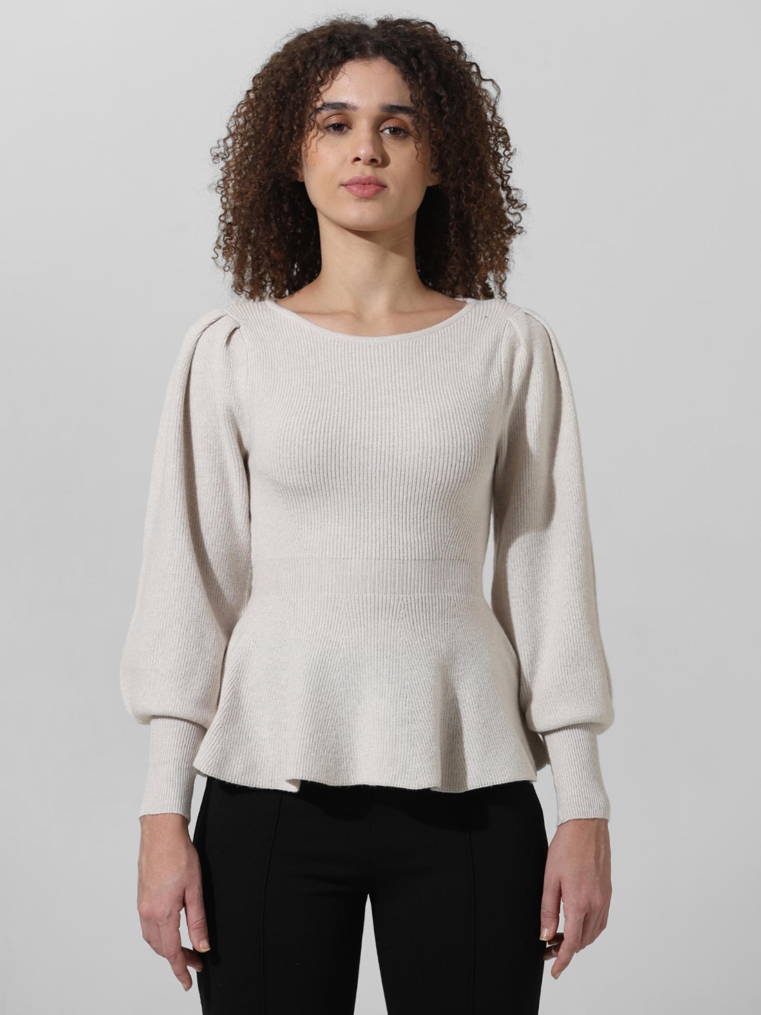 Buy ONLY Cream Rib Knit Peplum Sweater Online