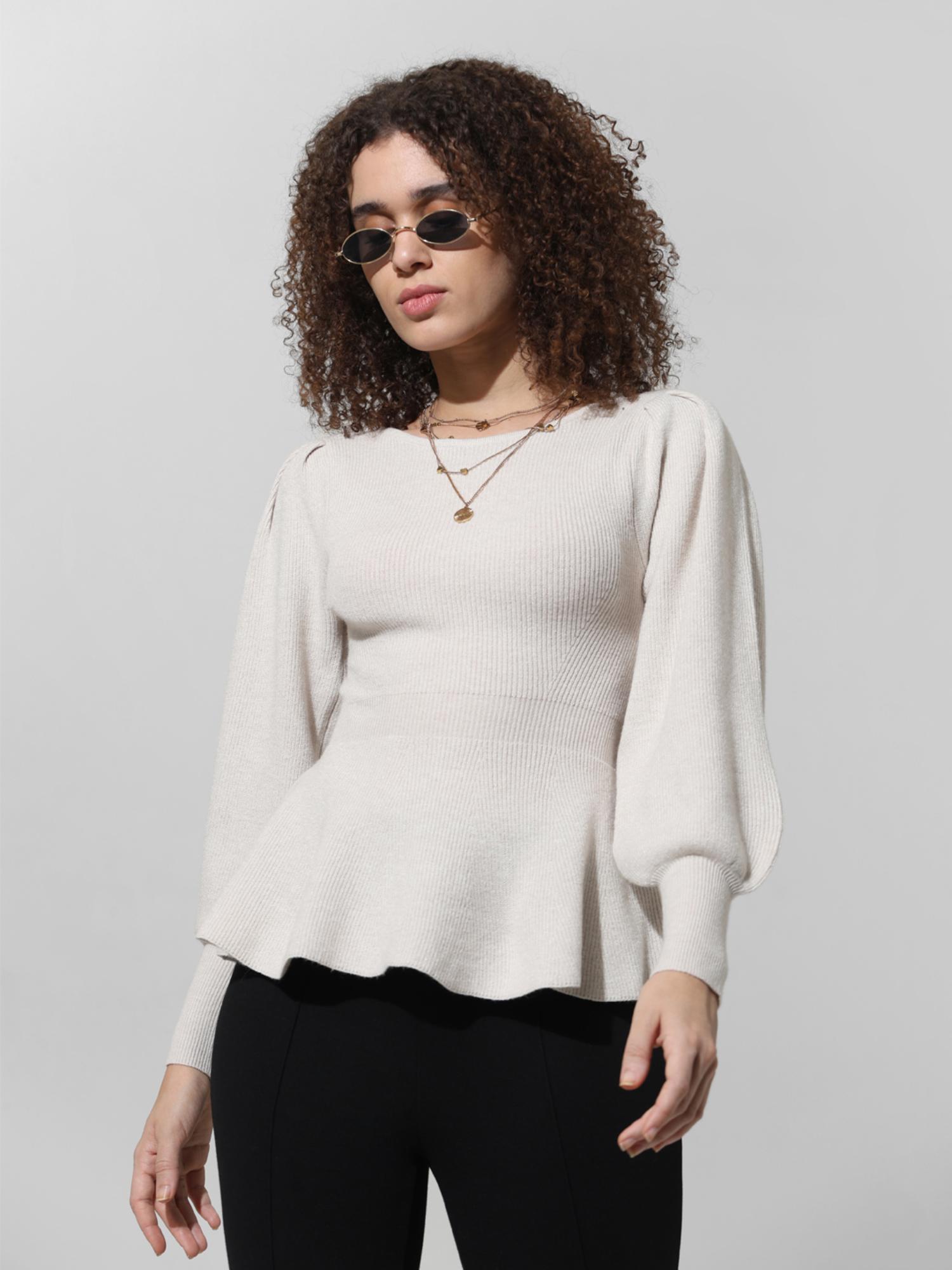Buy ONLY Cream Rib Knit Peplum Sweater Online
