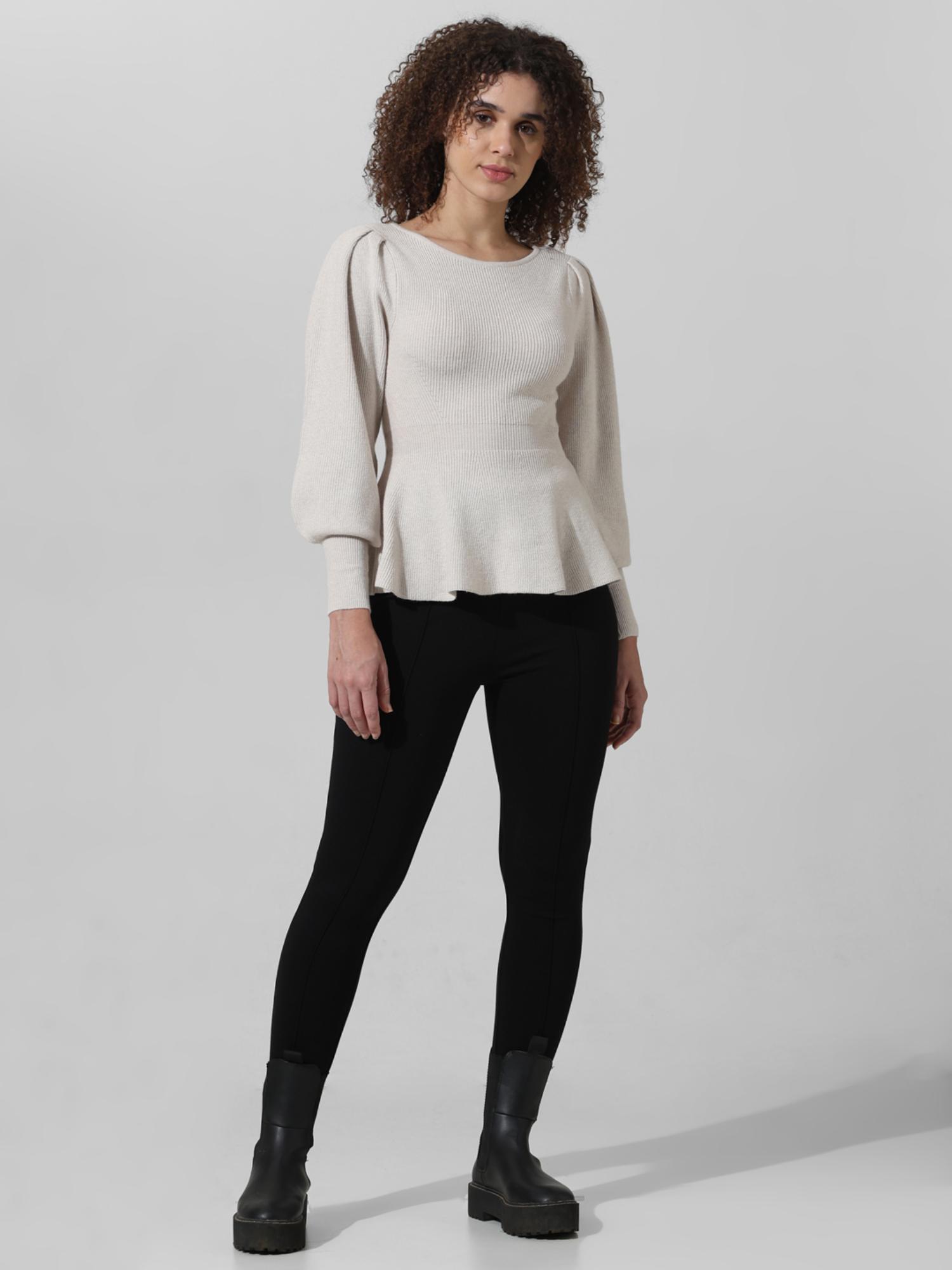 Buy ONLY Cream Rib Knit Peplum Sweater Online