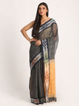 Angoshobha - Kotki Border Deep Grey Cotton Blended Handloom Saree with Unstitched Blouse