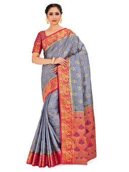 Mimosa - Grey Paithani Style Art Silk Saree With Unstitched Blouse