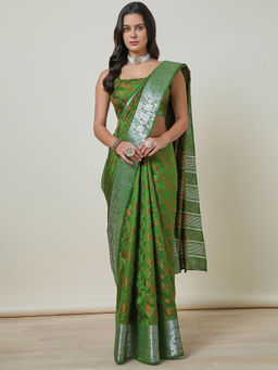 Soch - Women's Green Synthetic Floral Saree with Unstitched Blouse