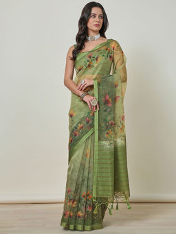 Soch - Women's Sap Green Organza Floral Saree with Tassels with Unstitched Blouse