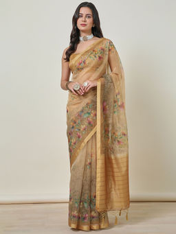 Soch - Women's Gold Organza Floral Saree with Tassels with Unstitched Blouse