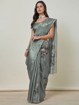 Soch - Women's Grey Tissue Saree with Zari with Unstitched Blouse
