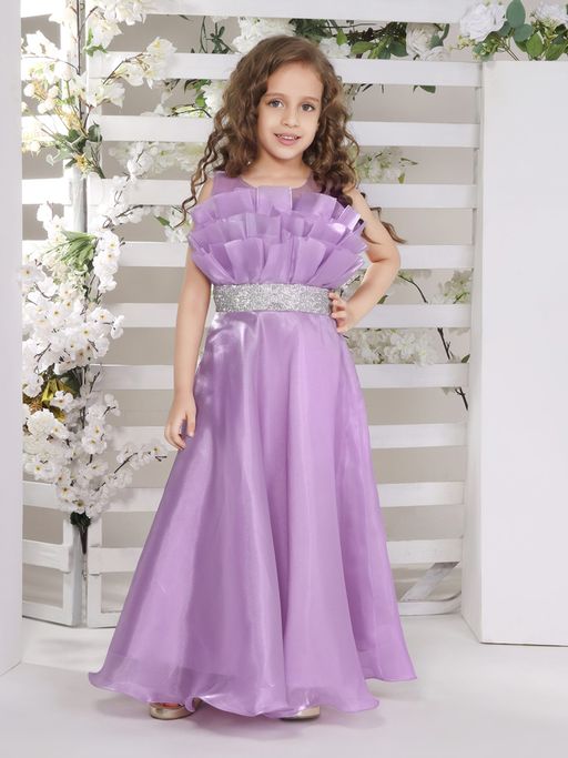 Buy Mini Stitch A-Line Organza Party Gown with Silver Studded Belt - Main Image