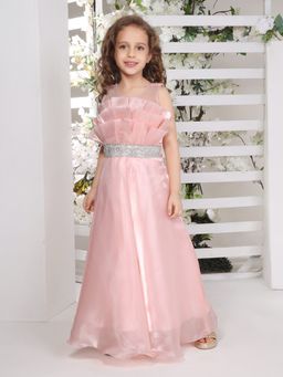 Mini Stitch - A-Line Organza Party Gown with Silver Studded Belt - Peach
