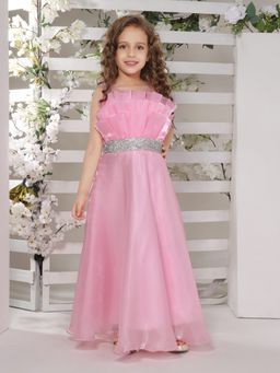 Mini Stitch - A-Line Organza Party Gown with Silver Studded Belt - Pink