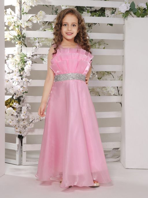 Buy Mini Stitch A-Line Organza Party Gown with Silver Studded Belt - Pink  (24) Online