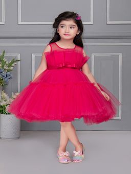 Mini Stitch - Fan Pleated Yoke with Frilled Pattern Party Dress - Fuschia Pink