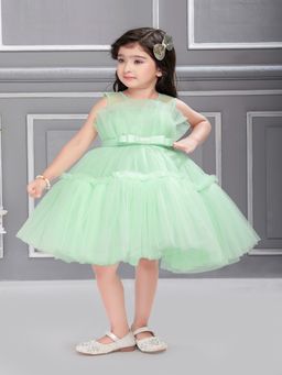 Mini Stitch - Fan Pleated Yoke with Frilled Pattern Party Dress - Sea Green