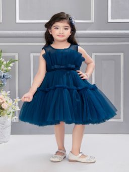 Mini Stitch - Fan Pleated Yoke with Frilled Pattern Party Dress - Teal