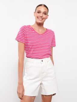 LC WAIKIKI - V Neck Striped Short Sleeve Women T-Shirt