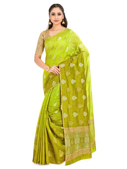 Mimosa - Green Banarasi Style Linen Saree With Unstitched Blouse