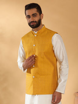 Kraft India - Silk Blend Jacquard Woven Geometric Printed Mustard Nehru Jacket