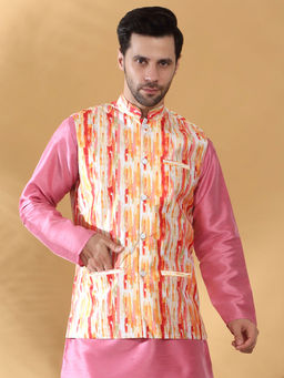 Kraft India - Tie-Dye Printed Silk Blend Orange Nehru Jacket