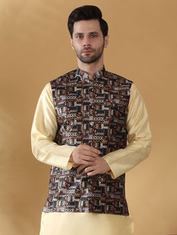 Kraft India - Silk Blend Abstract Printed Black Nehru Jacket