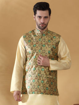 Kraft India - Silk Blend Abstract Printed Green Nehru Jacket